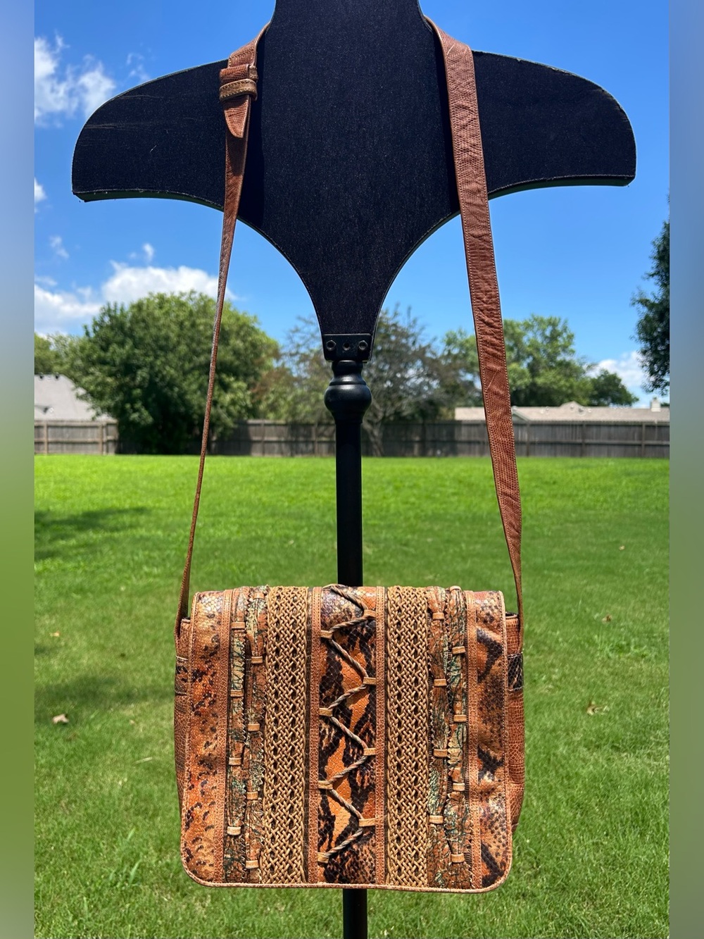 Vintage Sharif 80s Snakeskin Leather Patchwork Crossbody Boho Shoulder Bag